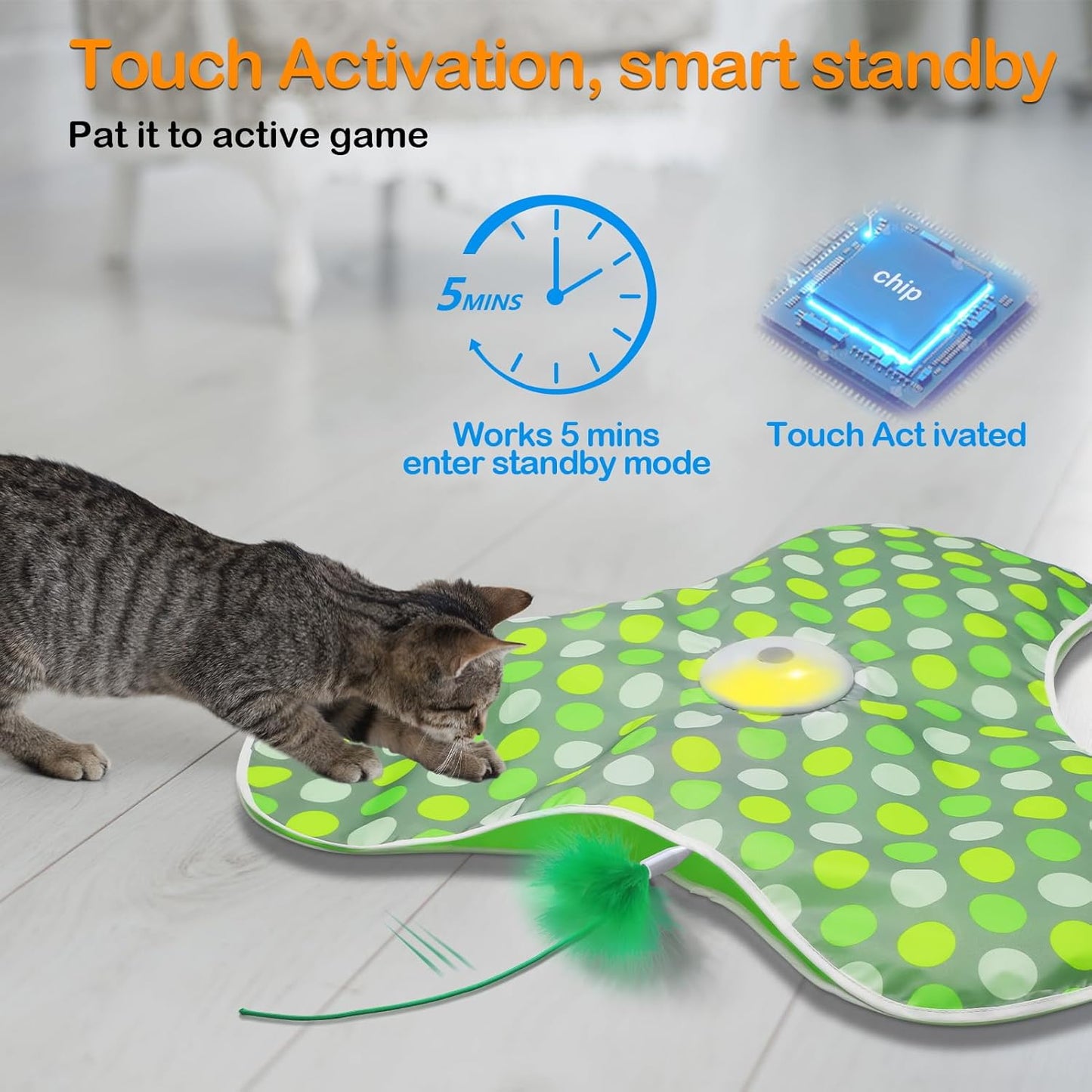 Petslova™ Rechargeable Interactive Cat Toy – Moving Feathers, Touch Activated, Rotating