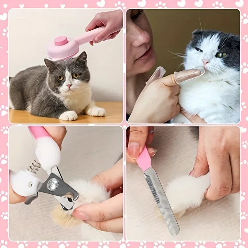 Petslova™ 7Pcs Cat Grooming Kit – Brush, Nail Clippers & Bath Tools