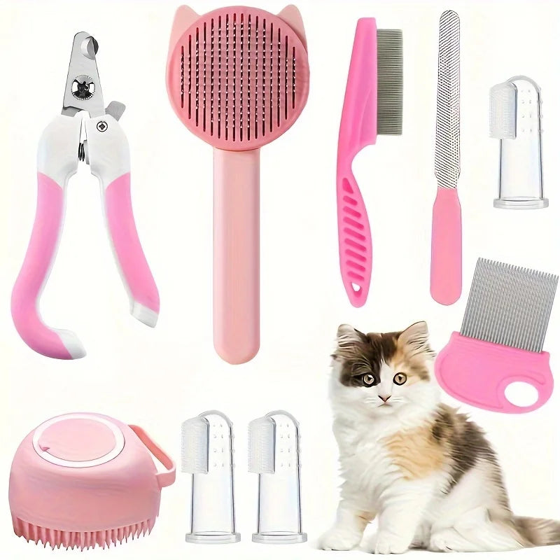 Petslova™ 7Pcs Cat Grooming Kit – Brush, Nail Clippers & Bath Tools